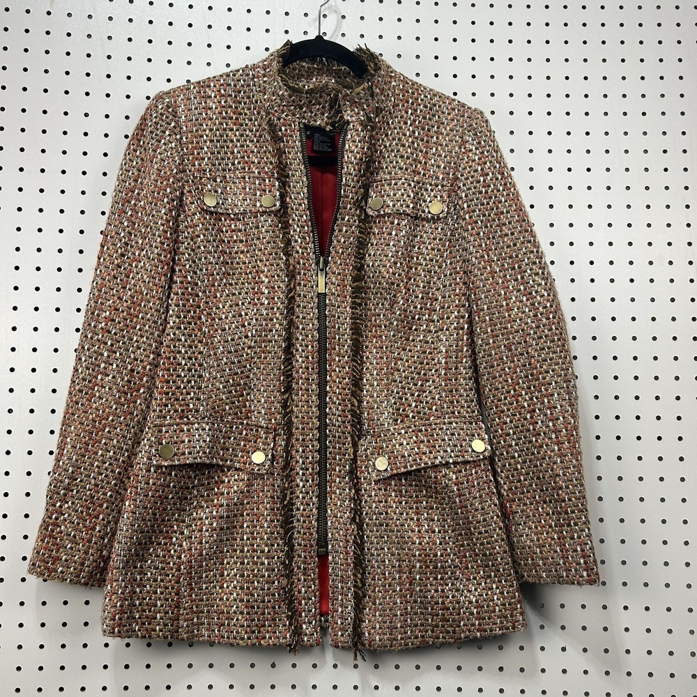 Etcetera Tweed Jacket Womens 6 Brown Red Gold Button Zip Blazer Career Chanel